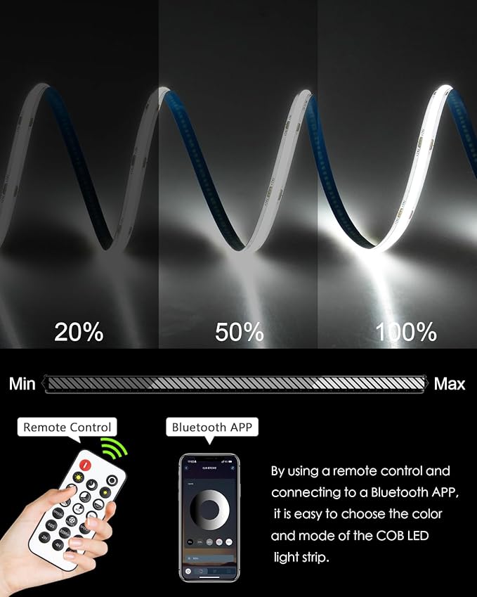 Dimmable COB Led Strip Lights for Bedroom 24V 6500K 100FT 480LED/M Hight Density Bright White Bluetooth Flexible COB LED Tape Lights with Remote Cold White CRI90+ for Cabinet Home Lighting 30M/2roll