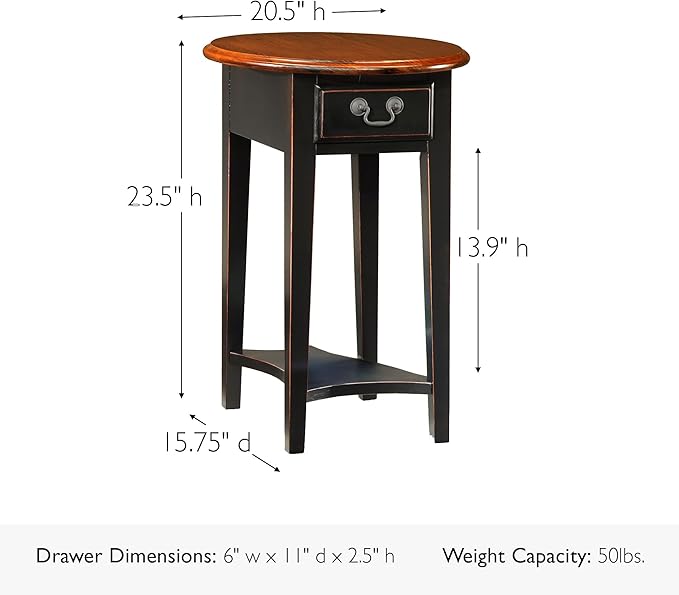 Leick Home End Table, Solid Wood, Oval Shape Top, 1 Storage Drawer, Bottom Display Shelf, Easy-Assembly, For Living Room/Bedroom, Slate Black/Medium Oak, 15.75 in. L x 20.5 in. W x 23.5 in. H, 9042-SL