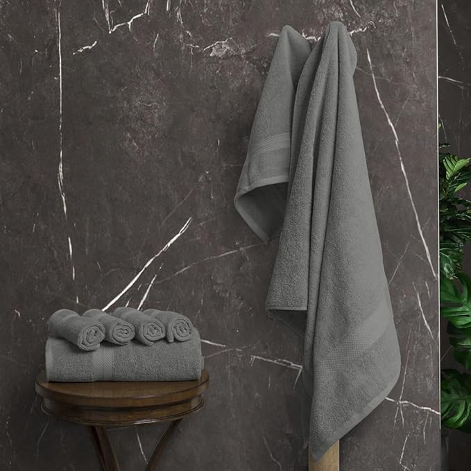 Avalon Towels Luxury 8 Piece Grey Towels Set, 2 Bath Towels, 2 Hand Towels and 4 Washcloths, 600 GSM 100% Ring Spun Cotton Highly Absorbent Grey Bathroom Towels, Ideal for Hotel, Spa and Gym