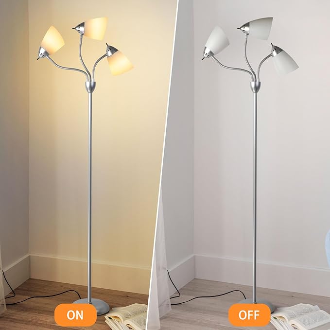 DINGLILIGHTING Floor Lamp Tall for Bedroom: Silver Standing Lamp Reading for Living Room Home Study Room Office - Modern Led Floor Light 3-Light Adjustable Flexible Gooseneck Metal Multi Head