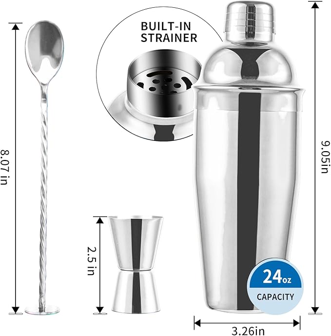 24oz Cocktail Shaker Bar Set, Martini Shaker with Built-in Strainer, Measuring Jigger, Mixing Spoon, Professional Stainless Steel Large Bartender Drink Shaker Margarita Alcohol Mixer-Silver