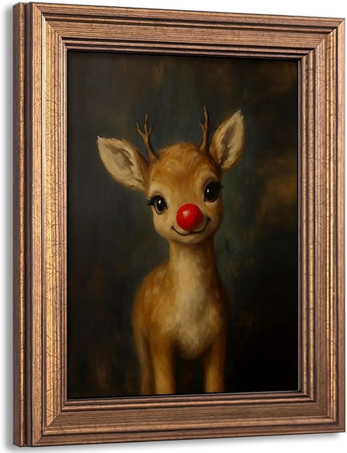Vintage Christmas Wall Art Decor Gold Framed Art Funny Clown Reindeer Picture Painting for Home Living Room Decor Holiday Gift (Reindeer, 12L" x 9.5W")