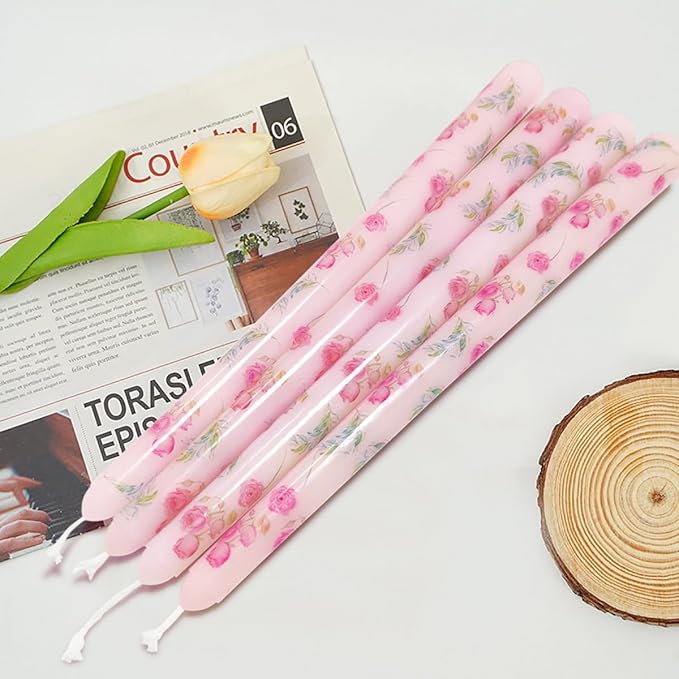 10 Inch Flower Taper Candles 4 Pcs Unscented, Smokeless, Dripless Long Tapered Candlesticks Candles for Mother's Day Birthday Dinner Dating Wedding Party Home Decor