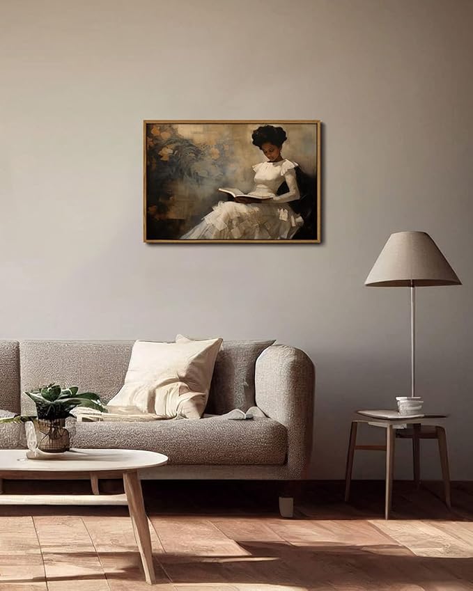 KISSFOX Vintage Portrait Framed Wall Art African American Canvas Wall Art Neutral Rustic Woman Reading Paintings Artwork Serene Countryside Art Prints For Bedroom Living Room
