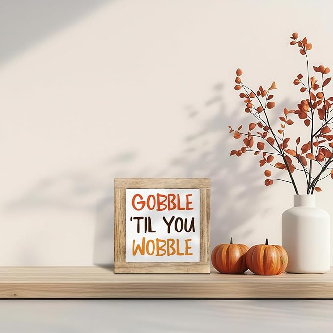 Funny Thanksgiving Signs, Fall Decor Art, Autumn Wood Decoration, Decorative Wooden Plaque for Home Party, Farmhouse Wooden Table Signs, Box Sign Wood Desk Sign 5.9X5.9X0.7inches