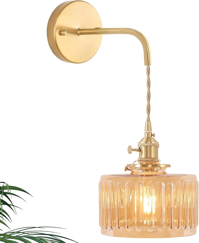 Vintage Wall Sconce Wall Lamp with Amber Striped Shade Pattern Glass Adjustable Chain Retro Gold Wall Mounted Light, Modern Wall Lamp Fixtures Decor for Bedside Bedroom Indoor Doorway