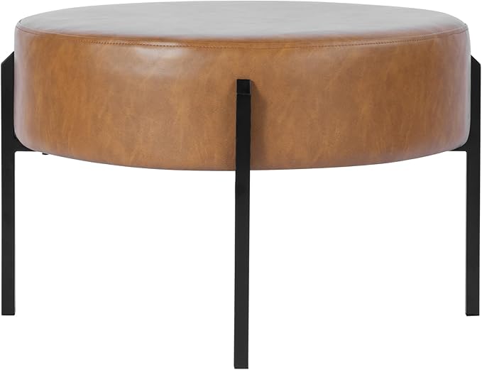 HomePop Modern Round Ottoman, Home Décor,Upholstered Round Velvet Foot Rest Ottoman - Carmel Faux Leather Small