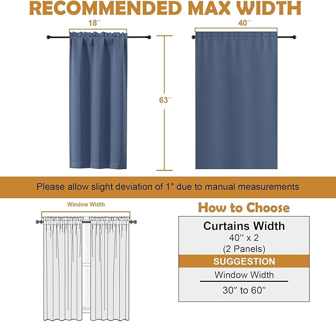 Aiyufeng Denim Blue Blackout Curtains for Bedroom 63 Inch Length 2 Panels, Solid Thermal Insulated Energy Saving Rod Pocket Window Treatment Curtains Blackout Drapes, W40 x L63 Inch, Denim Blue