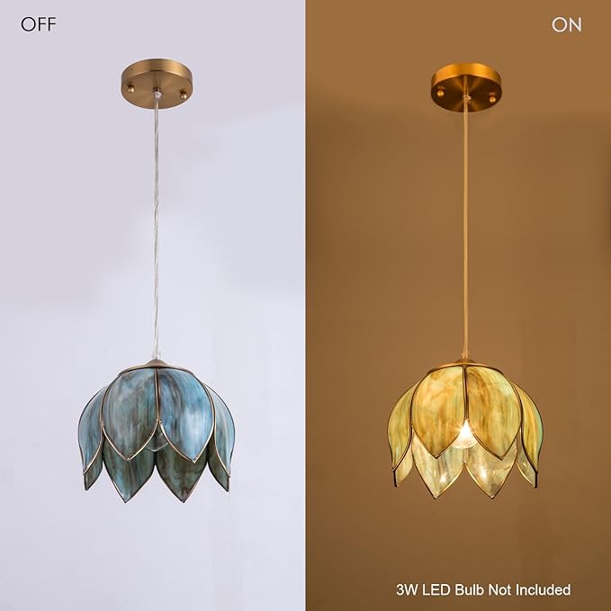Pendant Lighting, Vintage Oriental Lotus Brass Ceiling Pendant Light Fixture, Mixed Blue-Green Glass Hanging Lamp for Kitchen Island Dining Room Living Room Sideway Shops, UL Listed