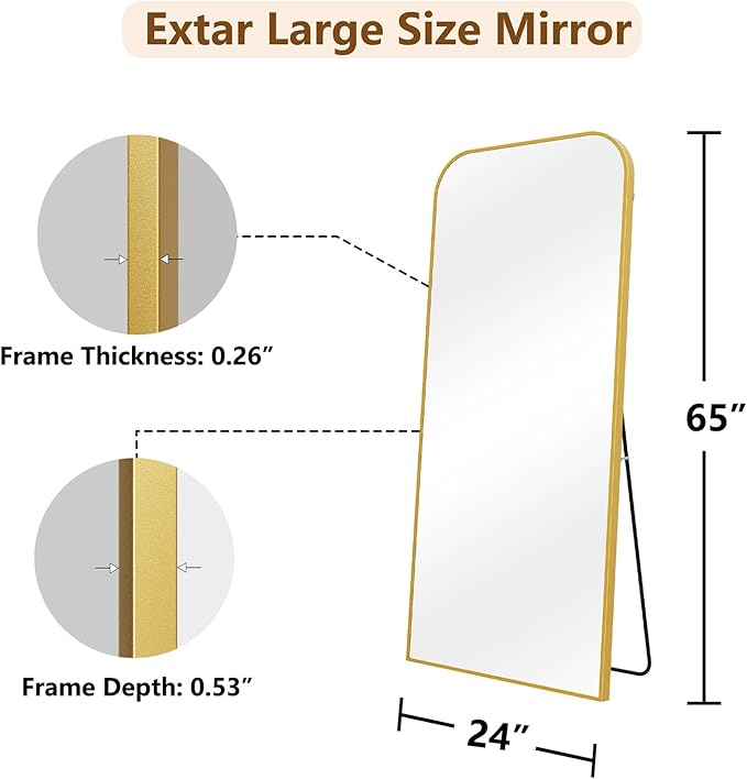 Koonmi Full Length Mirror, 65"x24" Mirror Full Length with Stand, Gold Domed Top Square-Edged Floor Mirror with Aluminum Alloy Frame for Bedroom Living Room