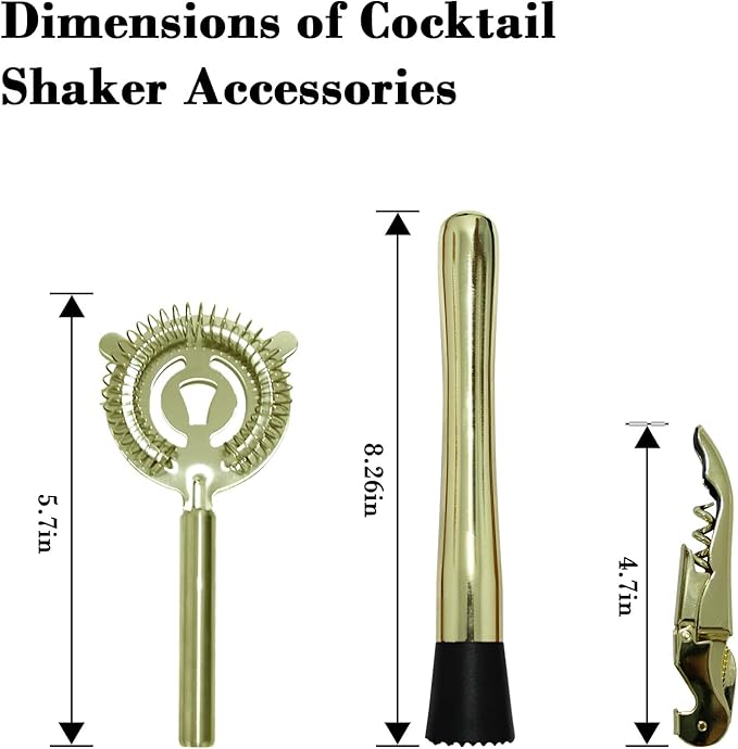 Stainless Steel Cocktail Shaker Set, 24oz/750ml Bartender Kit Includes Strainer and Stir Stick for Home, Bar, Party, Bar Accessories for The Home Bar Set (Gold)