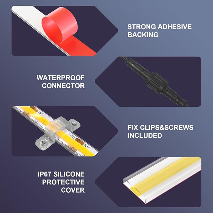 IP67 COB LED Strip Light 100FT/30M Outdoor Led Strip Lights Waterproof 3000K CRI90+ Flexible 24V Remote & App Control Dimmable Water Proof Led Light Strips × 2 Rolls for Terraces Patio