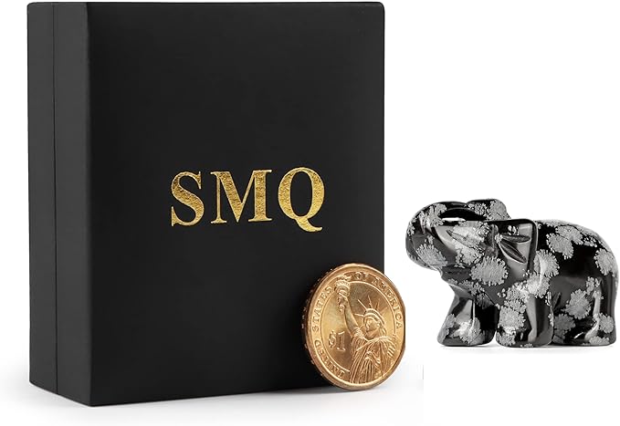 SMQ Snowflake Stone Crystal Elephant Statue,Hand Carved Quartz Healing Gemstone Elephant Figurine Crafts Gifts Collectible Decor for Home Office Desk(2Inches)