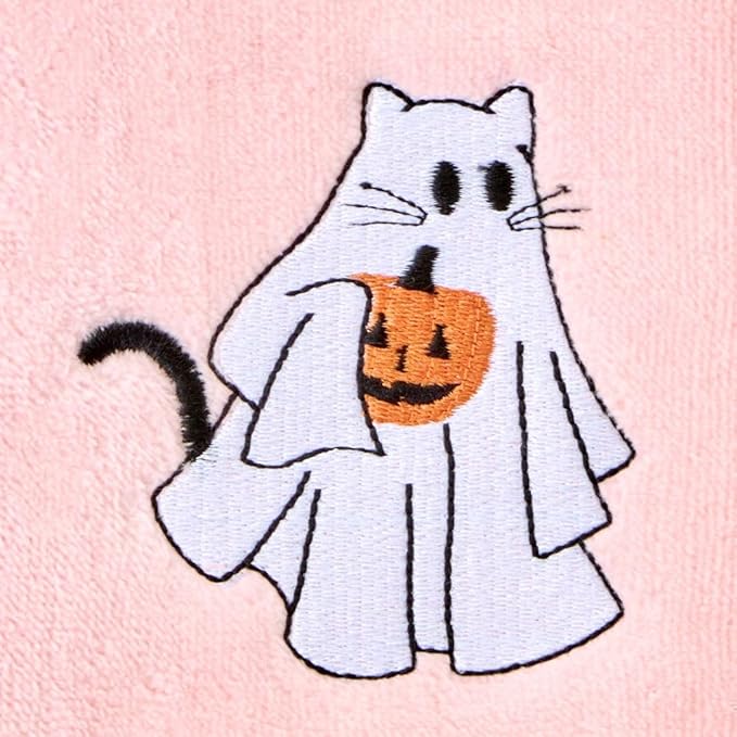 SKL Home Halloween Ghost Cat 100% Cotton Embroidered 2pc Hand Towel Set, Decorative for Bath/Kitchen/Bar & Gift, Pink