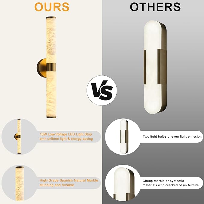Alabaster Wall Sconce, 24" Natural Spanish Marble Wall Sconce, Modern Gold Alabaster Sconces Wall Lighting, Brass Bathroom Vanity Sconces Wall Lights for Living Room, Bedroom, Hallway, Stairs
