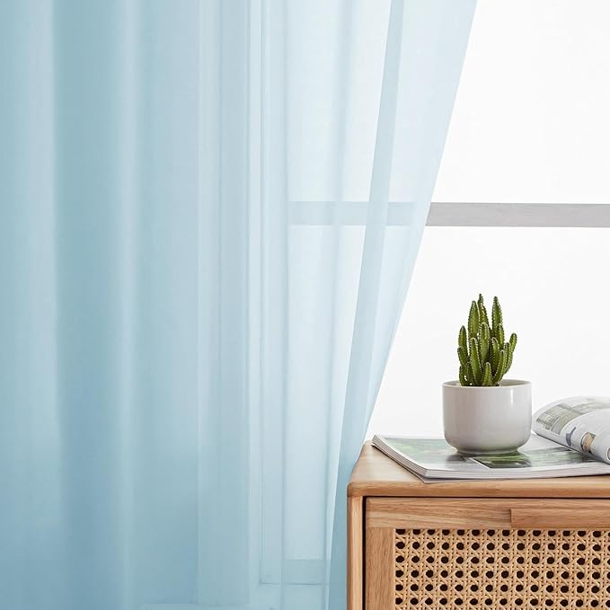 Aiyufeng 2 Pack: Basic Sky Blue Sheer Curtain Drapes 54 Inch Length 2 Panels for Living Room, Light Filtering Voile Drapes for Bedroom, Patio, Sliding Door, Each 42" W x 54" L