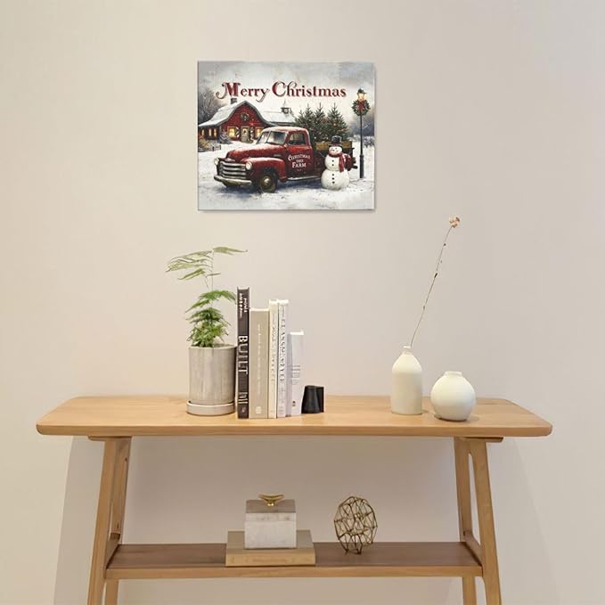 Christmas Pick-Up Truck Wall Art Christmas Tree Canvas Wall Decor Farm Barn Pictures Paintings Prints Snowman Artwork Framed Winter Holidays Decorations For Bathroom Bedroom Living Room Office Gifts 24" x 20"