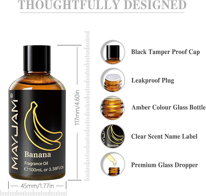 MAYJAM 100ML/3.38FL.OZ Banana Fragrance Oils with Glass Dropper, Essential Oils for Diffusers for Home, Long Lasting Scented Oils for Diffusers Soap Candle Making