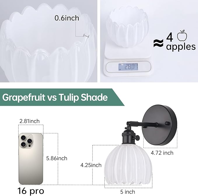 Vintage Battery Operated Wall Sconce with Cute White Tulip Glass Lampshade Wireless Rechargeable Battery Powered Black Wall Light with Remote Control for Bedside Bedroom Doorway