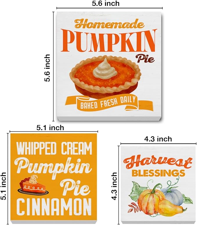 3 Pcs Fall Wood Signs Decor Autumn Pumpkin Wood Block Signs Farmhouse Fall Pumpkin Pie Harvest Blessings Wooden Box Signs Home Decorations for Tiered Tray Desk Table Shelf