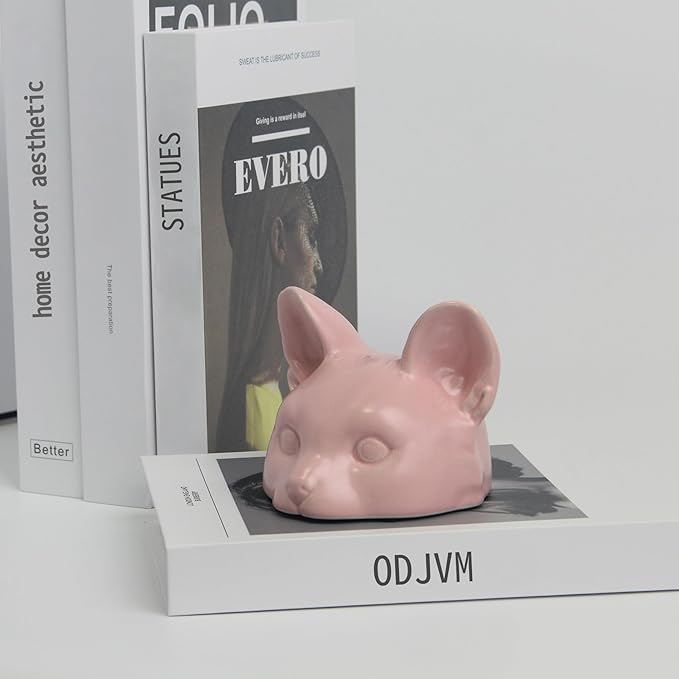 Pink Cat Head Sculpture, Handmade Ceramic Cat Figurines for Shelf Decor, Cute Desk Decor for Cat Lovers, Home Office Decor and Unique Gift (Pink, 4.7x4.5x3.6 in)