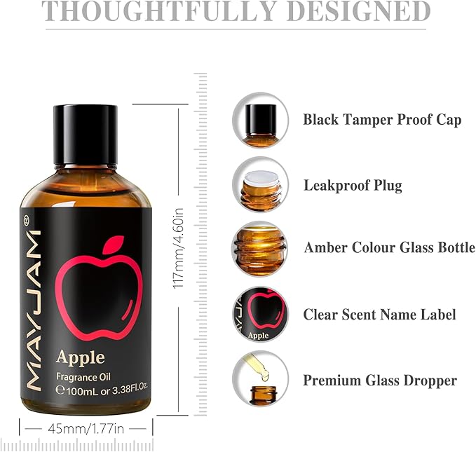 MAYJAM 100ML/3.38FL.OZ Apple Fragrance Oils with Glass Dropper, Essential Oils for Diffusers for Home, Long Lasting Scented Oils for Diffusers Soap Candle Making
