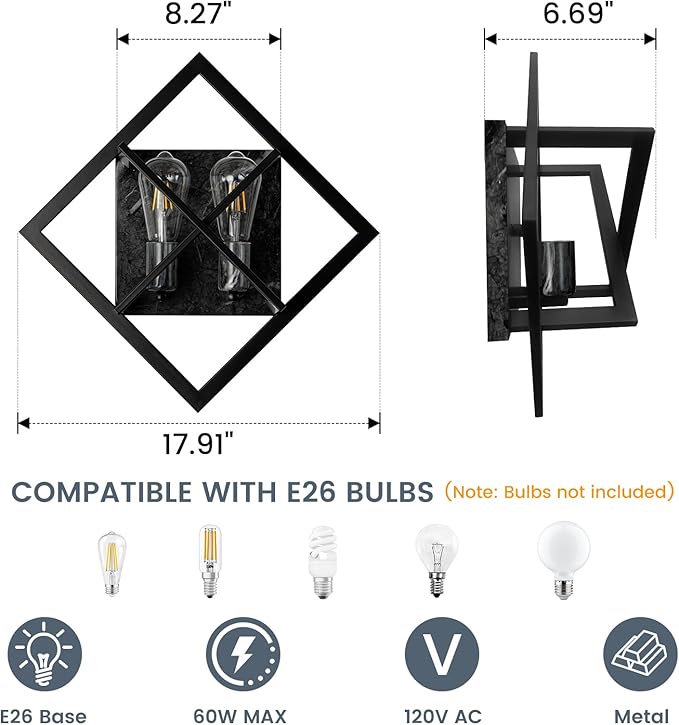 Black Wall Sconces,17.8 in Rustic Wall Sconces Mount Lamp Indoor for Living Room Bedroom Bathroom Stairway(E26 Base, Bulbs Not Include 1Pack) Gray Marble Texture