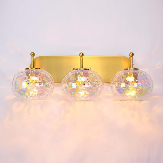 23" Brushed Gold Vanity Light Stained Hammered Glass Wall Sconce 3-Light Brass Wall Lamp for Hallway Living Room Stairwell Bathroom Over Mirror (Brass Gold, 3-Light)