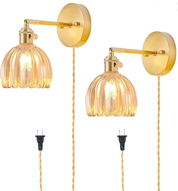 Plug in Wall Sconces Set of 2, Vintage Wall Sconce Light with Tulip Amber Glass Lampshade, 180° Adjustable Wall Sconce with Switch and Plug in Wall Lamp Cord, Gold Wall Light Decor Set of 2