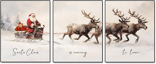 Gallery Set of 3, Christmas Posters, Christmas Santa Claus with a Sleigh Prints, Xmas Wall Art Home Decor, Christmas Wall Art, Christmas Living Room Decorations, 11X14 INCH Ready for Framing