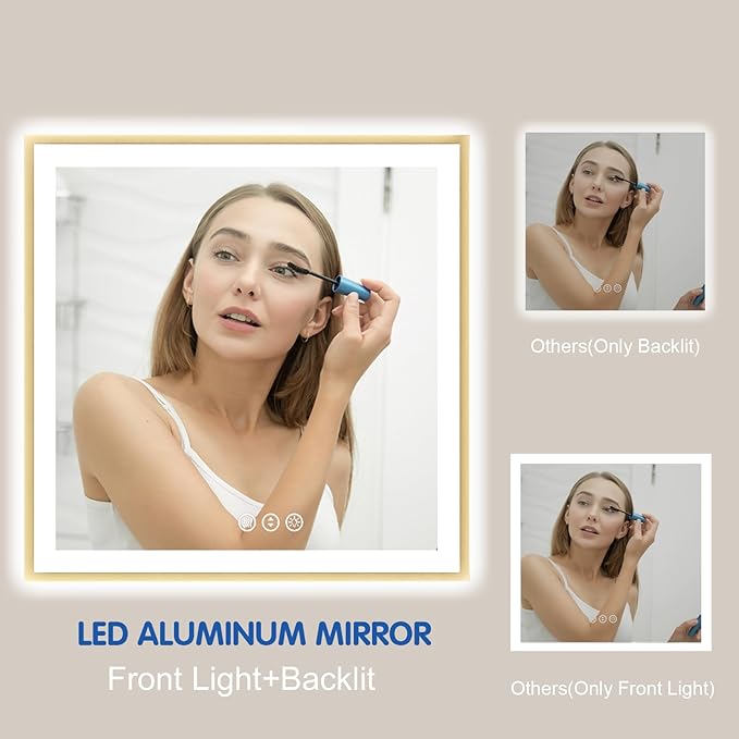 40x36 LED Mirror for Bathroom with Gold Frame, Backlit and Front Lighted Bathroom Mirrors for Wall, Stepless Dimmable Vanity Mirror with Lights, Anti-Fog, Memory,Shatterproof
