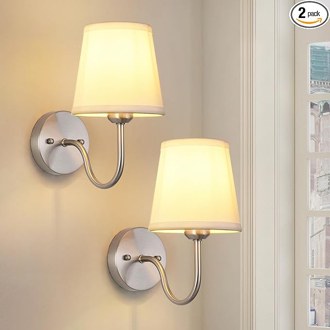 Wall Sconce Set of 2, Brushed Nickel Bathroom Vanity Sconces Wall Lighting, Indoor Wall Lights with Light Beige Fabric Shades, Wall Mounted Lamps for Bedroom Living Room Hallway