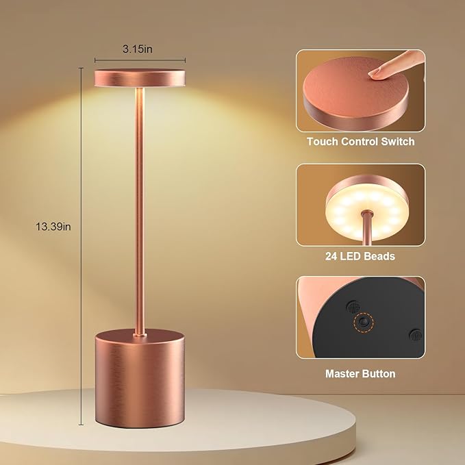 Cordless Table Lamp – 2 Pack Rechargeable Table Lamps, 5000mAh Battery Operated Lamp with 3-Color Dimmable Light, Outdoor Table Lamp for Bedroom, Restaurant, Patio, Home Décor (Rose Gold)