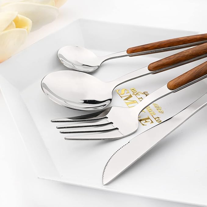 20 Piece (4 Set) Wood Handle Silverware Set, Retro 18/0 Stainless Steel Cutlery Set, Kitchen Utensils Include Knife Fork Spoon, Mirror Polish, Silver