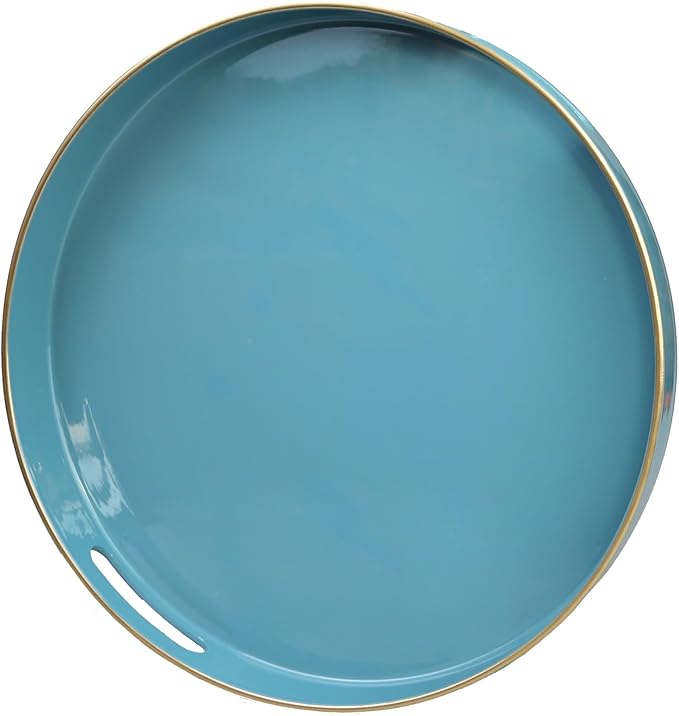 Teal Blue Round Decorative Tray with Handles, 13" Elegant Coffee Table Serving Tray for Ottoman Living Room, Bathroom, Outdoors, Breakfast
