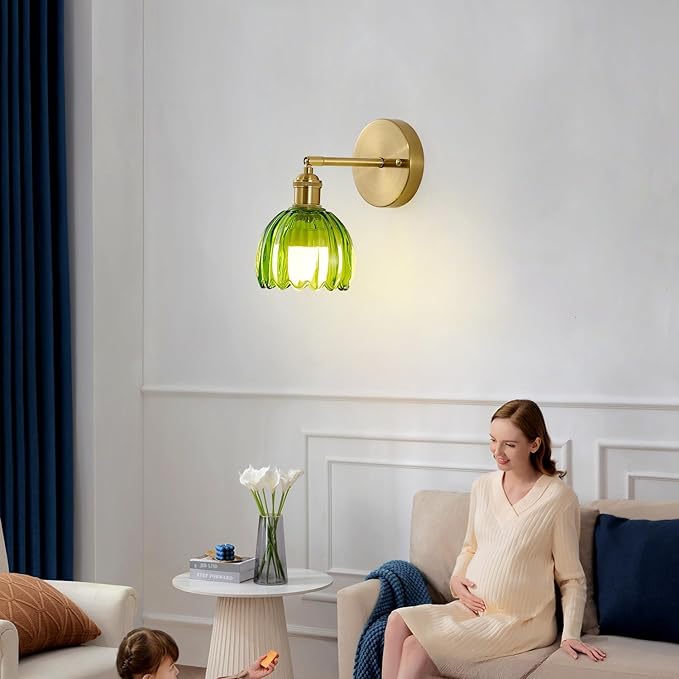 Vintage Battery Operated Wall Sconces with Remote, 180 Degree Adjustable, Modern Battery Powered Wall Lighting Fixture with Green Tulip Glass Lampshade for Bedroom Bedside Bathroom