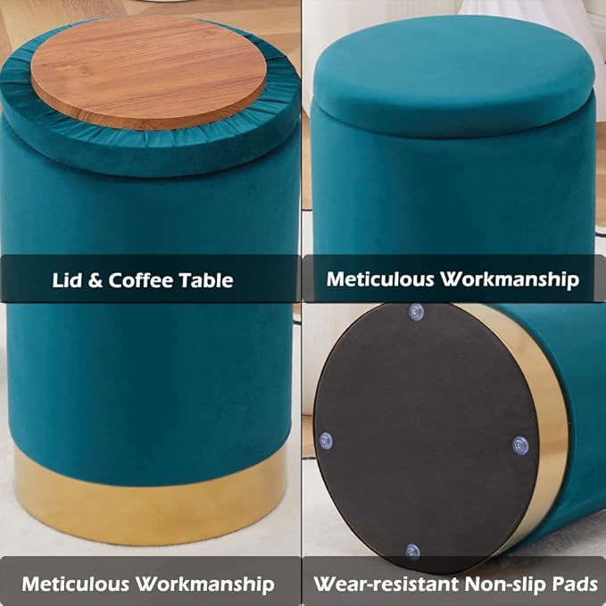 Mxfurhawa Velvet Storage Ottoman Multipurpose Footrest Stool with Metal Base Modern Round Vanity Stool Chair Ottoman Foot Stools Support 300 lbs Padded Seat for Living Room (Blue Green)