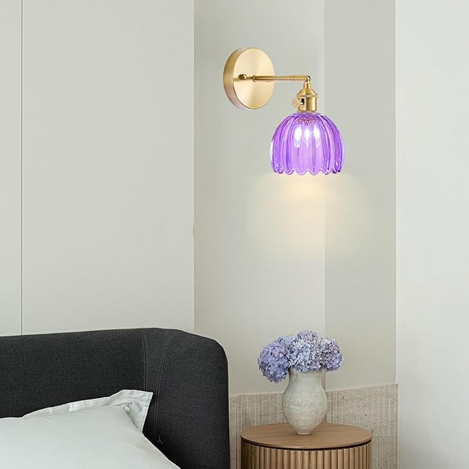 Wall Sconces Set of Two Hardwired, Vintage Sconce Light with Tulip Purple Glass Lampshade, Bathroom Wall Lights with Switch, Gold Wall Light Sconces Wall Decor Set of 2