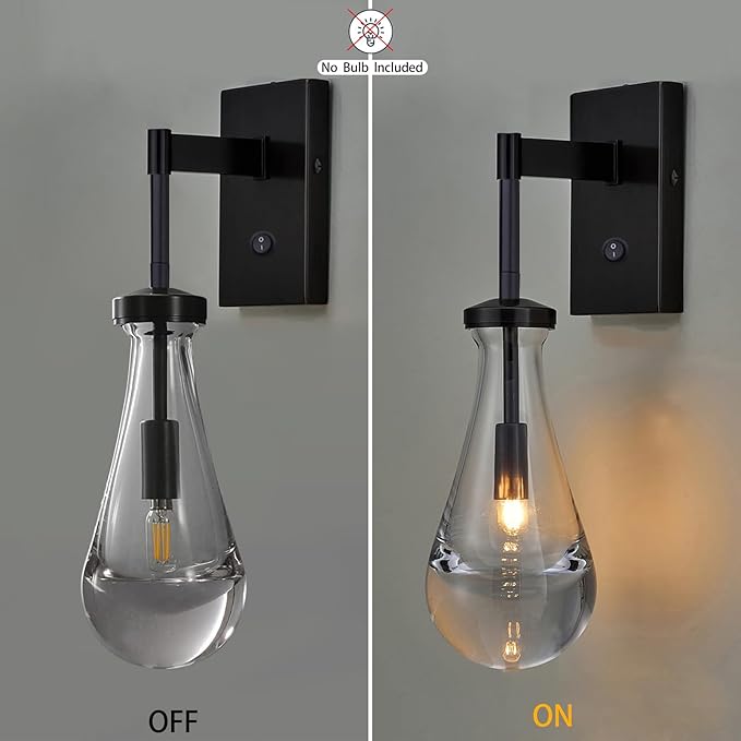 HuisMier Raindrop Wall Sconces, Black Wall Sconces with On/Off Switch, Modern Clear Glass Wall Lamp Vanity Light Fixtures for Bathroom Bedroom Living Room Hallway, Hardwired