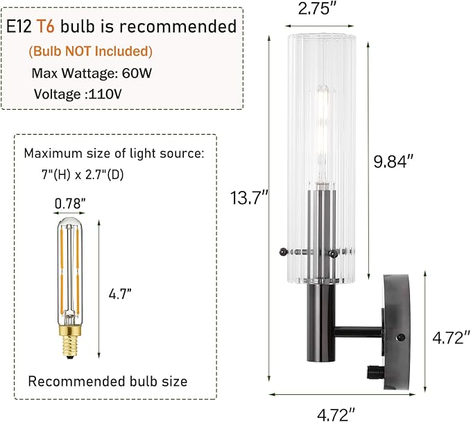Black Bathroom Vanity Light Fixtures with Striped Clear Glass Shades Modern Wall Sconces Dimmer ON/Off Switch Indoor Wall Light for Mirror Living Room Bedroom Hallway Staircase