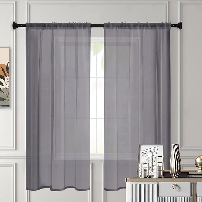 Sheer Curtains 72 Inches Long 2 Panels, Rod Pocket Short Curtain for Kitchen, Bedroom, Cafe Window(Grey 38" W x 72" L)