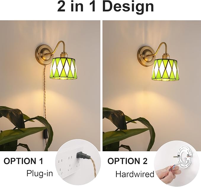 Plug in Wall Sconces Set of 2, Vintage Wall Lamps with Green Checker Sconce, Stained Glass Shade Gold Lights Fixture Decor for Bedroom Bathroom Living Room Hallway