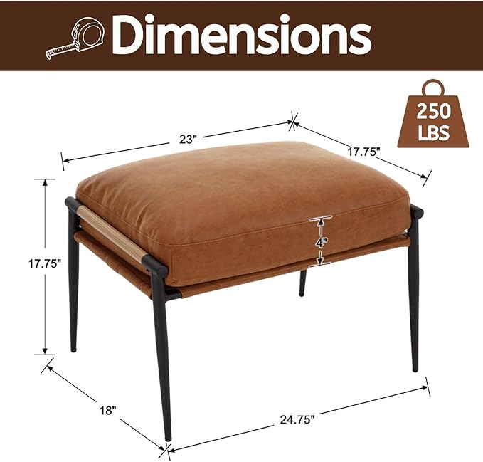LukeAlon Upholstered PU Leather Footstool, Modern Ottoman Footrest Small Shoe Stool with Black Metal Legs Mid Century Vanity Stool with Armrests for Living Room Entrance Cushion Removable, Brown