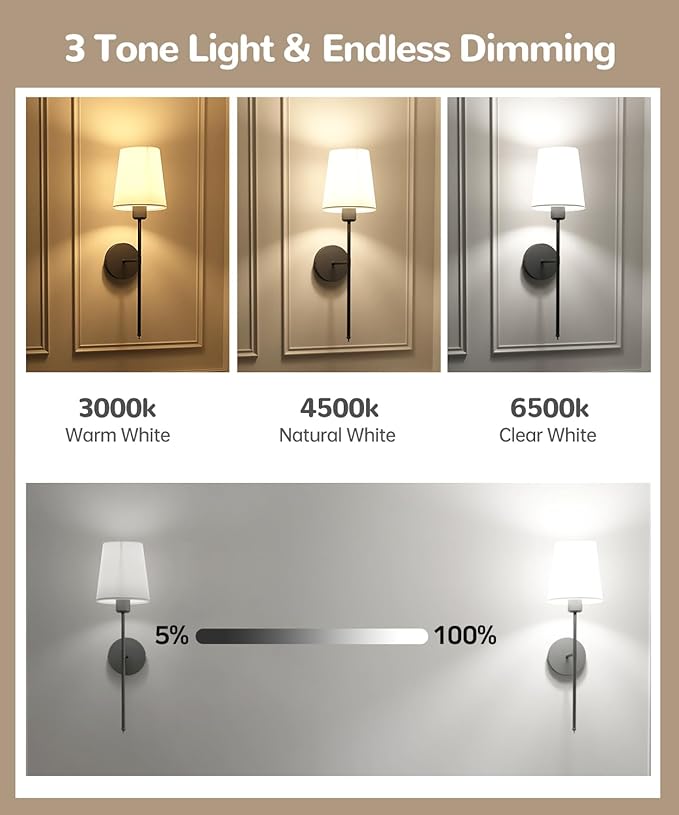 Battery Operated Wall Sconce Set of 2,Rechargeable Wall Lights with Dimmable Detachable Bulbs and Remote,15 Colors Wireless Wall Lamps for Bedroom Living Room Hallway,Black(2 Pack)
