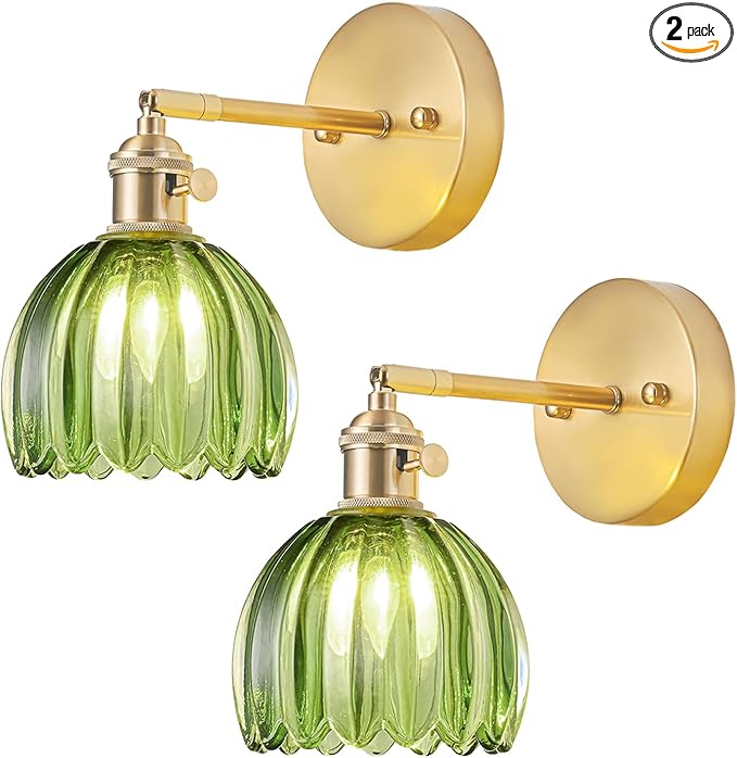 Wall Sconces Set of Two Hardwired, Vintage Wall Sconce Light with Tulip Green Glass Lampshade, Bathroom Wall Sconces with Switch, Gold Wall Light Sconces Wall Decor Set of 2
