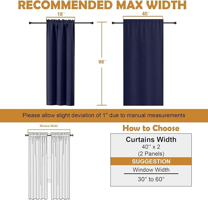 Aiyufeng Navy Blue Blackout Curtains for Bedroom 96 Inches Long 2 Panels, Solid Thermal Insulated, Energy Saving Living Room Window Treatment Curtains Blackout Drapes, W40 x L96 Inch, Navy Blue