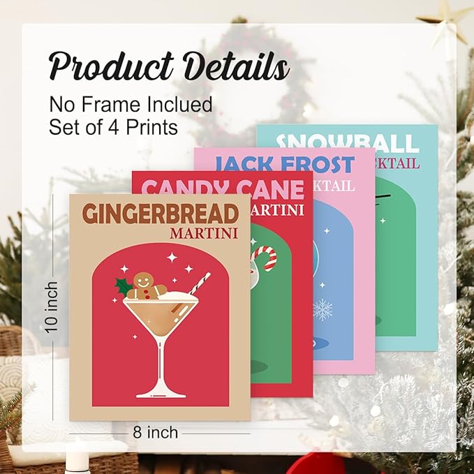 Wheatwin Retro Cocktail Christmas Wall Art Prints Set of 4, Funny Gingerbread Alcoho Wine Glass Print Cute Preppy Posters Aesthetic, Dorm Decor, Bar Party Kitchen Decor, 8x10 (Unframed)