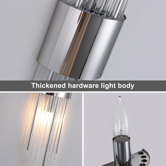 Chrome sconces Wall Set of 2, Silver Crystal Wall sconces Set of Two, Modern Wall Sconce Decoration (Set of Two) for Living Room, Bedroom, Bathroom, Vanity, Stairs, Hallway,with 4 E12 Light Sources