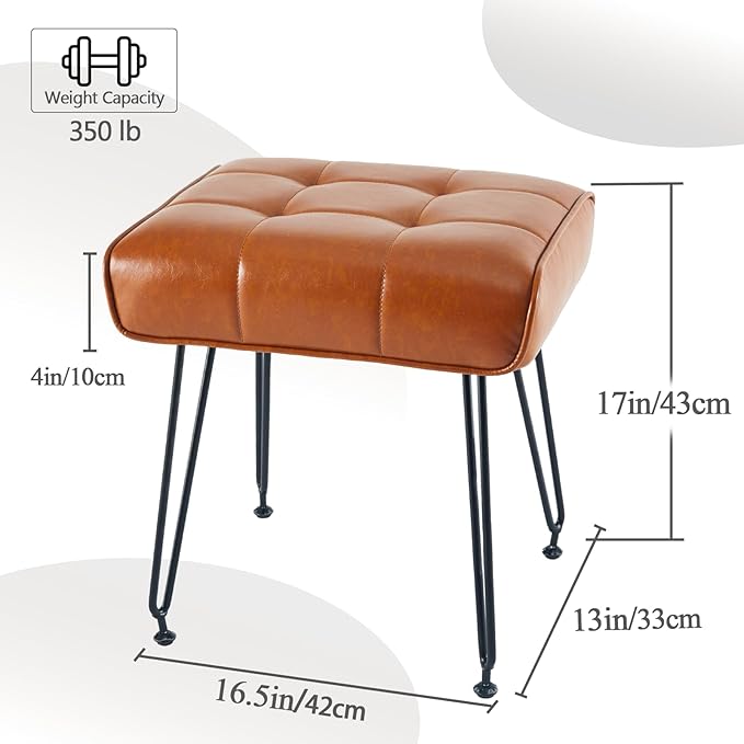 PU Leather Vanity Stools, Vanity Stool Chairs for Makeup Faux Leather Foot Stools Ottoman with Metal Leg Make up Chairs for Vanity Small Bench Seat for Living Room Bedroom (Whiskey Brown)