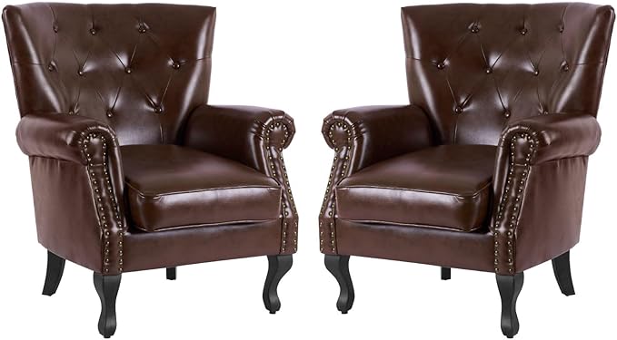 MOJAY PU Leather Accent Chair Set of 2, Mid-Century Modern Armchair Living Room Club Chair with Tufted Button & Rivet Trim, Upholstered Sofa Chair with Sturdy Wood Legs for Bedroom (Reddish Brown)